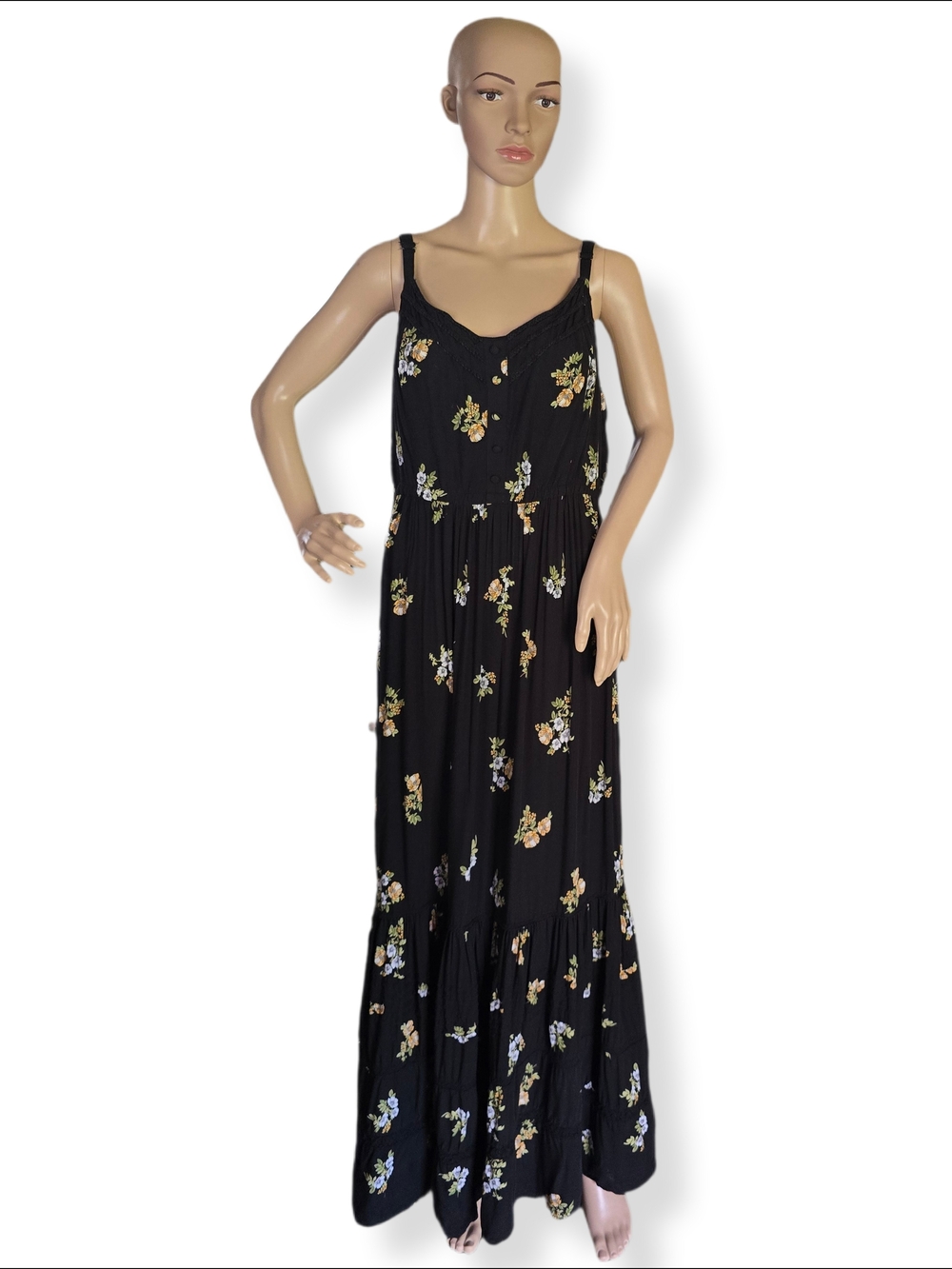 torrid Black Floral Challis Maxi Dress with Spaghetti Straps and Lace Details